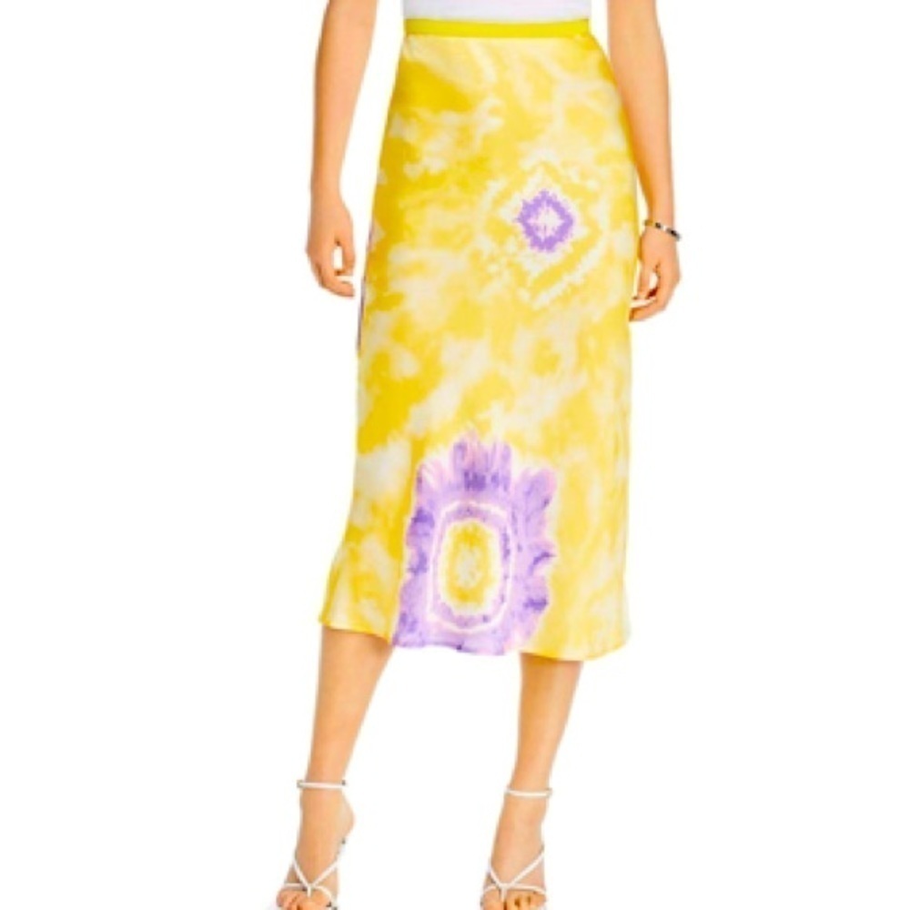LINI Melanie satin Tie Dye Printed Midi Skirt in yellow and purple